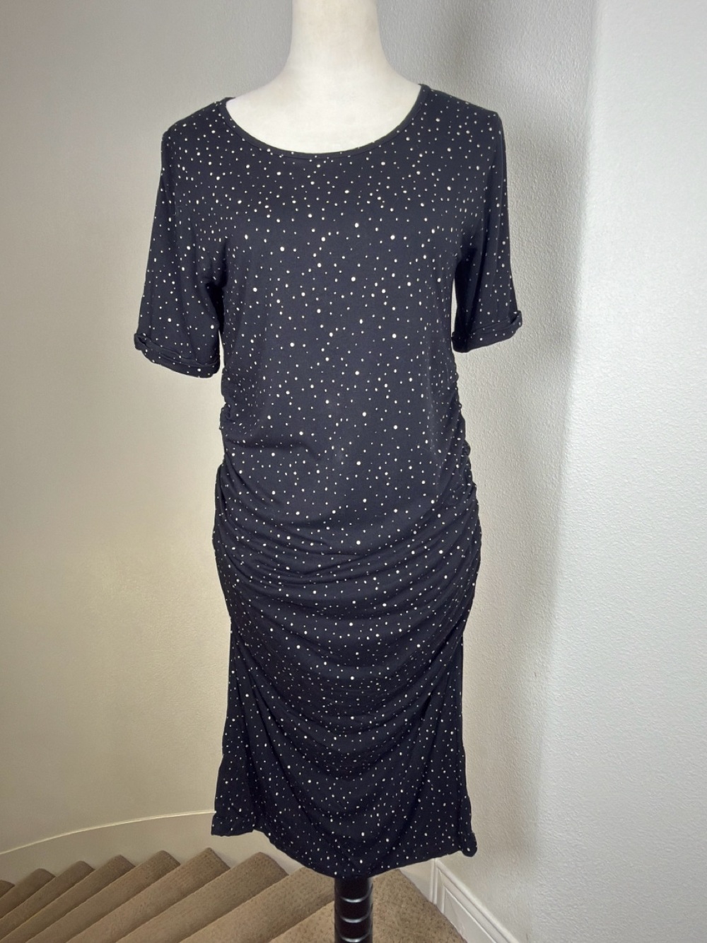 Isabella Oliver Black Polka Dot Ruched Maternity Midi Dress